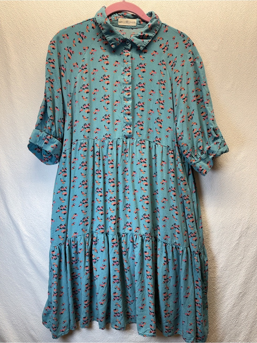 Woodland Fairy Teal Babydoll Mini Dress Natural Life Loose Fit Flowy Size L/XL